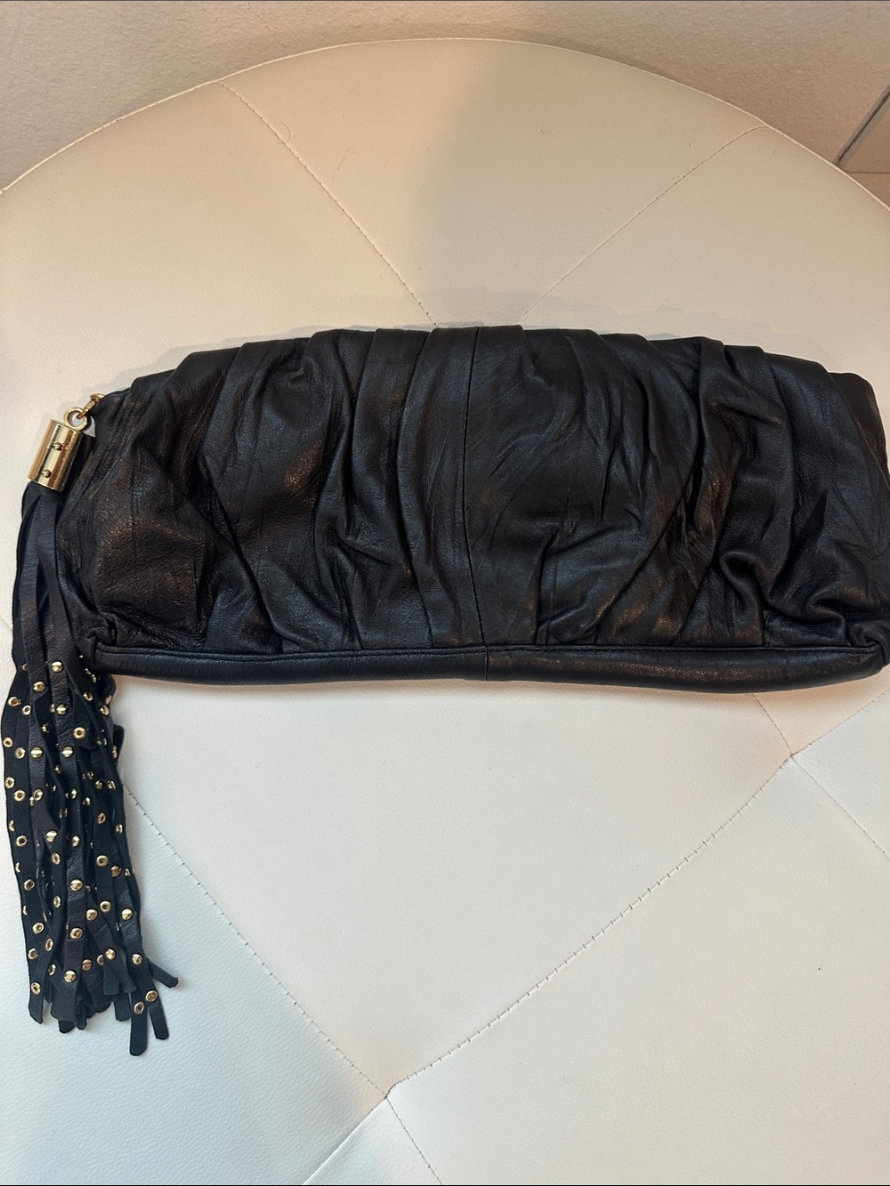 Steve Madden Black Ruched Leather Clutch with Tassel